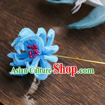 Chinese Traditional Hanfu Blue Velvet Chrysanthemum Hairpins Ancient Qing Dynasty Hair Accessories for Women