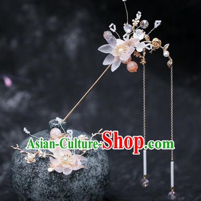 Chinese Traditional Hanfu Pink Silk Flower Tassel Hairpins Ancient Hair Accessories for Women