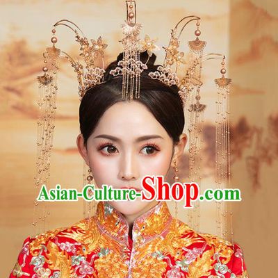 Chinese Traditional Wedding Golden Phoenix Coronet Hair Accessories for Women
