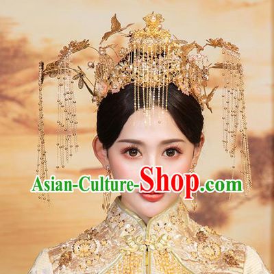 Chinese Traditional Wedding Golden Crane Tassel Phoenix Coronet Hair Accessories for Women