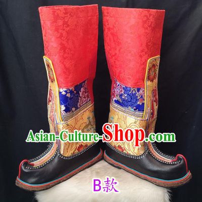 Handmade Chinese Zang Nationality Red Boots Traditional Tibetan Ethnic Shoes for Men