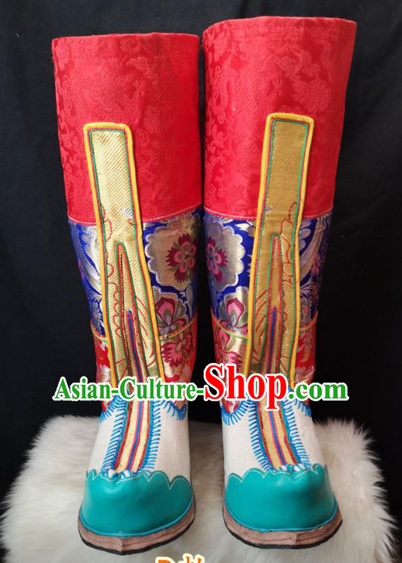 Handmade Chinese Zang Nationality Green Leather Boots Traditional Tibetan Ethnic Shoes for Women Handmade Chinese Zang Nationality Green Leather Boots Traditional Tibetan Ethnic Shoes for Women