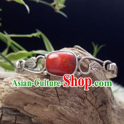 Chinese Zang Nationality 925 Silver Red Coral Bracelet Handmade Traditional Tibetan Ethnic Jewelry Accessories for Women