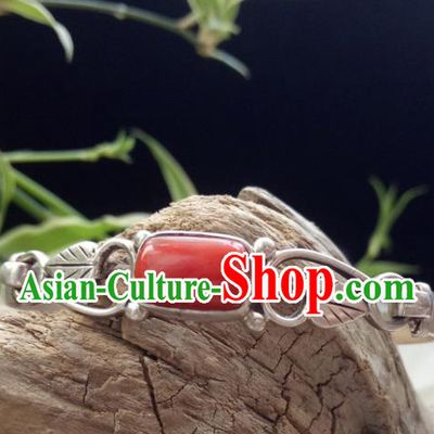 Chinese Zang Nationality 925 Silver Coral Bracelet Handmade Traditional Tibetan Ethnic Jewelry Accessories for Women