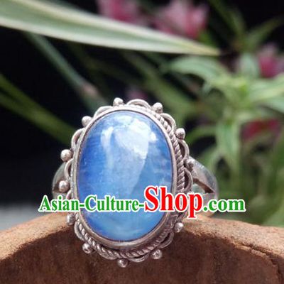 Chinese Zang Nationality Blue Moonstone Rings Handmade Traditional Tibetan Ethnic Jewelry Accessories for Women