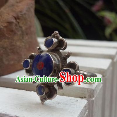 Chinese Zang Nationality Blue Stone Silver Rings Handmade Traditional Tibetan Ethnic Jewelry Accessories for Women