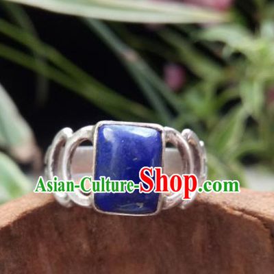 Chinese Zang Nationality Lapis Lazuli Silver Rings Handmade Traditional Tibetan Ethnic Jewelry Accessories for Women