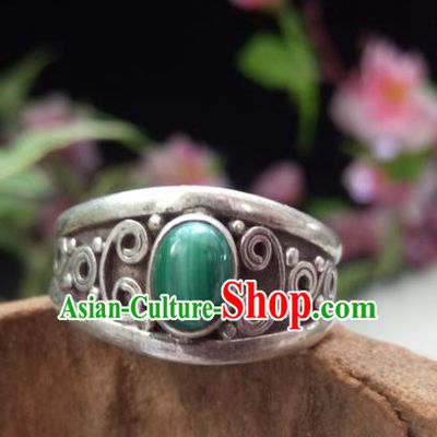 Chinese Zang Nationality Silver Malachite Rings Handmade Traditional Tibetan Ethnic Jewelry Accessories for Women