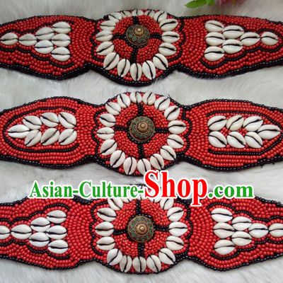 Chinese Zang Nationality Red Beads Shell Belts Handmade Traditional Tibetan Ethnic Waistband Accessories for Women