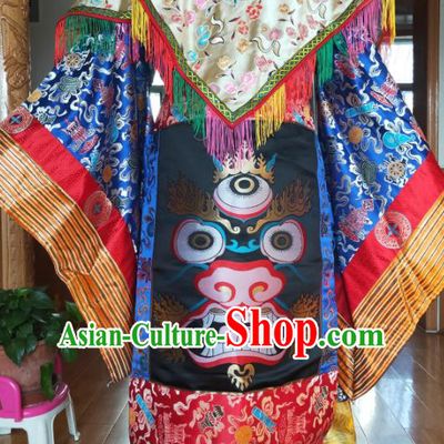 Chinese Zang Nationality Priest Royalblue Costumes Traditional Tibetan Ethnic Folk Dance Clothing Complete Set