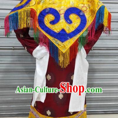 Chinese Zang Nationality Folk Dance Wine Red Costumes Traditional Tibetan Ethnic Robe for Men