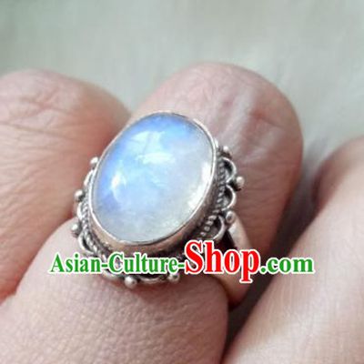 Chinese Zang Nationality Moonstone Silver Rings Handmade Traditional Tibetan Ethnic Jewelry Accessories for Women