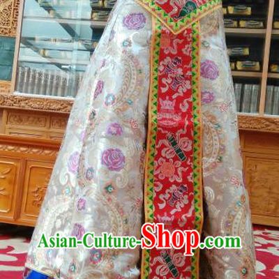 Chinese Zang Nationality Dance Costume Traditional Tibetan Ethnic White Brocade Skirt for Women