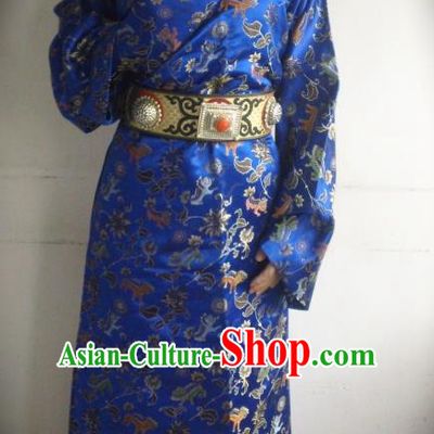 Chinese Zang Nationality Folk Dance Costume Royalblue Tibetan Robe Traditional Ethnic Dress for Women