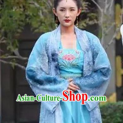 Chinese Ancient Noble Concubine Blue Hanfu Dress Drama Devastating Beauty Han Lu Costume and Headpiece for Women