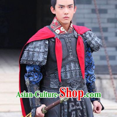 Chinese Ancient General Black Armor Clothing Historical Drama Devastating Beauty Huangpu Weiming Costume and Headpiece for Men