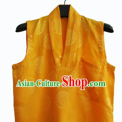Chinese Tibetan Buddhism Golden Satin Vest Traditional Monk Waistcoat Upper Outer Garment for Men