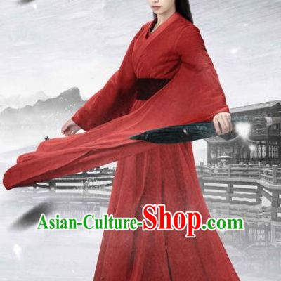 Drama Xia Tan Jian Bu Zhi Chinese Ancient Female Swordsman Zhan Shiqi Red Dress Costume and Headpiece for Women