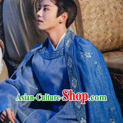 Chinese Ancient Tang Dynasty Gifted Scholar Sang Chen Blue Clothing Historical Drama Miss Truth Costume and Headpiece for Men