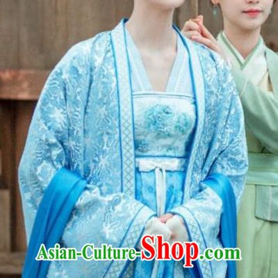 Drama Miss Truth Chinese Ancient Nobility Lady Ran Yan Blue Hanfu Dress Tang Dynasty Costume and Headpiece for Women