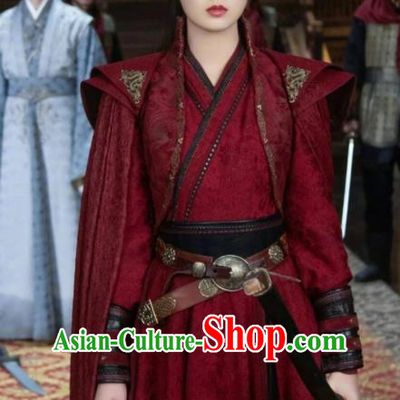 Drama The Love Lasts Two Minds Chinese Ancient Female Swordsman Feng Mianwan Red Hanfu Dress Costume and Headpiece for Women