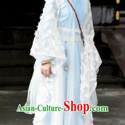 Chinese Ancient Female Swordsman Han Yunxi Blue Hanfu Dress Drama Legend of Yun Xi Costume and Headpiece for Women