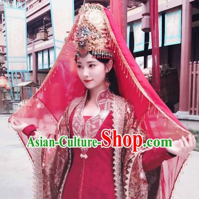 Chinese Ancient Bride Red Hanfu Dress Drama Legend of Yun Xi Costume and Headpiece for Women