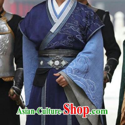 Chinese Ancient Chancellor Feng Ruge Blue Clothing Historical Drama Colourful Bone Costume and Headpiece for Men