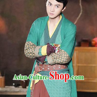 Chinese Ancient Swordsman Xiao Yuer Green Clothing Historical Drama Handsome Siblings Costume and Headpiece for Men