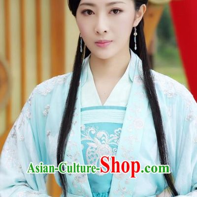 Chinese Historical Drama The Eternal Love Ancient Princess Consort Qu Pan Er Blue Costume and Headpiece for Women