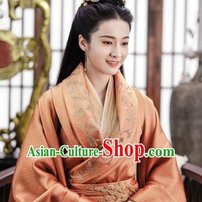 Chinese Ancient Royal Queen Rong Le Orange Historical Drama Princess Silver Costume and Headpiece for Women