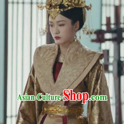 Chinese Ancient Queen Rong Le Golden Historical Drama Princess Silver Costume and Headpiece for Women