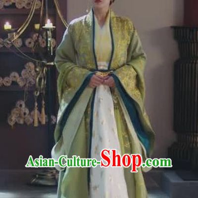 Chinese Ancient Royal Empress Rong Le Green Historical Drama Princess Silver Costume and Headpiece for Women