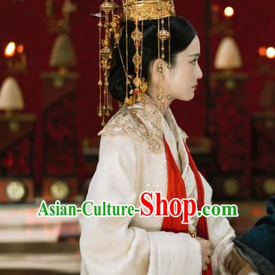 Chinese Ancient Queen Drama Princess Silver Rong Yue Historical Costume and Headpiece for Women