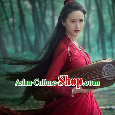 Chinese Ancient Female Swordsman Shu Jingrong Red Hanfu Dress Historical Drama Listening Snow Tower Costume and Headpiece for Women