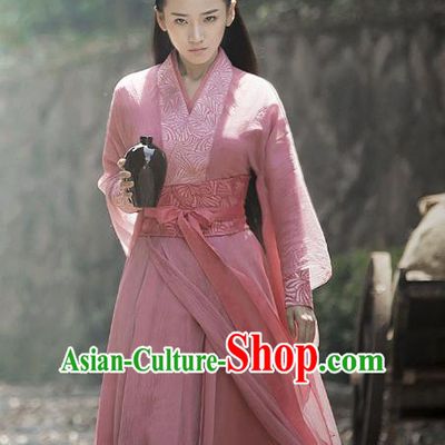 Chinese Ancient Demon Female Swordsman Pink Hanfu Dress Historical Drama Listening Snow Tower Costume and Headpiece for Women