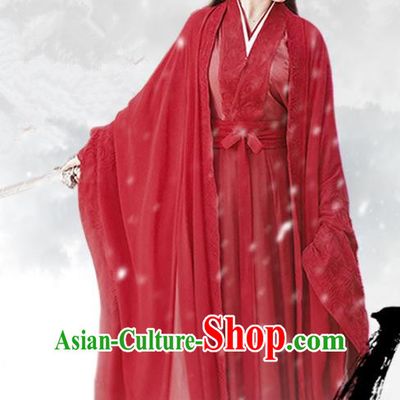 Chinese Ancient Female Swordsman Shu Jingrong Red Hanfu Dress Historical Drama Listening Snow Tower Costume and Headpiece for Women