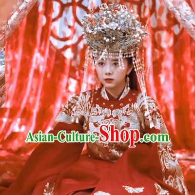 Chinese Ancient Ming Dynasty Bride Wedding Red Dress Drama Under the Power Yuan Jinxia Costume and Headpiece for Women
