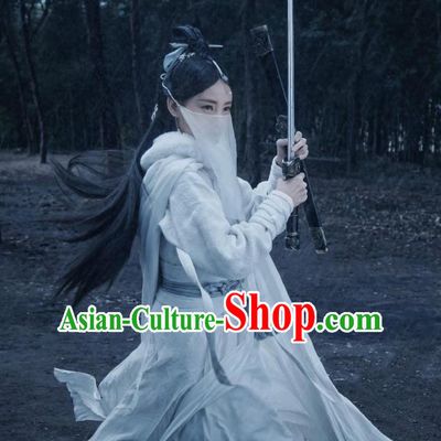 Chinese Ancient Female Swordsman White Dress Historical Drama Sword Dynasty Zhangsun Qianxue Costume and Headpiece for Women