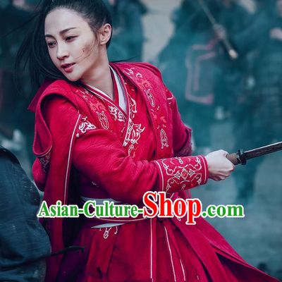 Chinese Ancient Female Swordsman Ye Zhen Red Dress Historical Drama Sword Dynasty Costume and Headpiece for Women