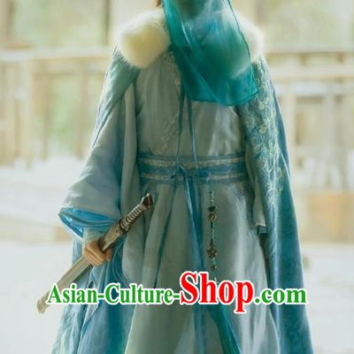 Chinese Ancient Swordswoman Zhangsun Qianxue Blue Dress Historical Drama Sword Dynasty Costume and Headpiece for Women