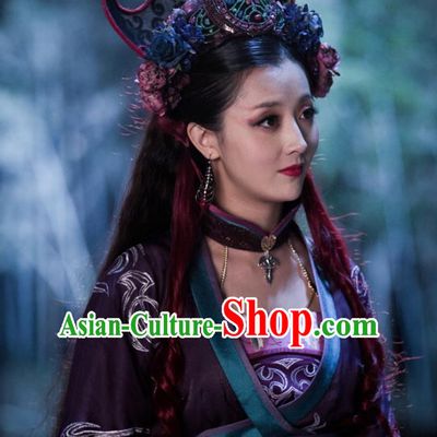 Chinese Ancient Demon Queen Mu Ziling Purple Dress Historical Drama Demon Catcher Costume and Headpiece for Women