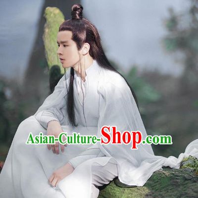 Drama The Great Ruler Chinese Ancient Swordsman Tan Qingshan White Costume and Headpiece Complete Set