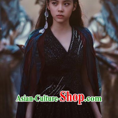 Chinese Ancient Goddess Luo Li Black Dress Historical Drama The Great Ruler Costume and Headpiece for Women