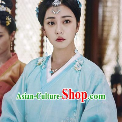 Chinese Ancient Princess Liu Li Blue Dress Historical Drama Cinderella Chef Costume and Headpiece for Women
