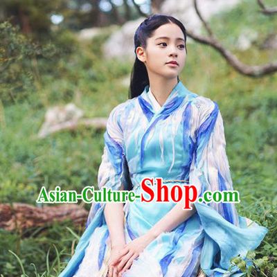 Chinese Ancient Goddess Mu Chen Blue Dress Historical Drama The Great Ruler Costume and Headpiece for Women