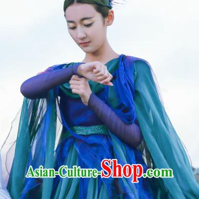Chinese Ancient Fairy Jiu You Blue Dress Historical Drama The Great Ruler Costume and Headpiece for Women