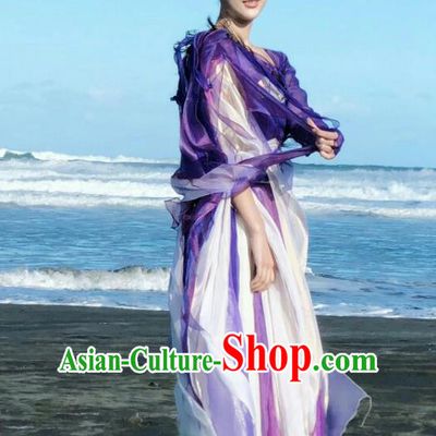 Chinese Ancient Goddess Jiu You Purple Dress Historical Drama The Great Ruler Costume and Headpiece for Women