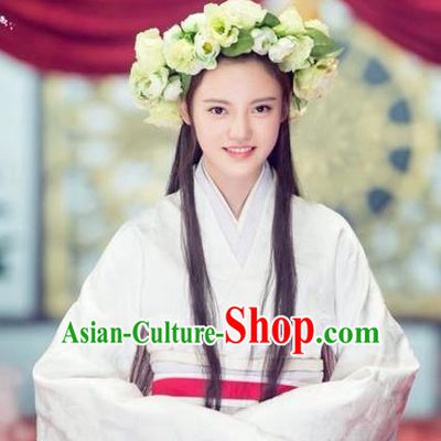 Chinese Ancient Qin Dynasty Noble Lady Tian Yi White Dress Historical Drama Hero Dream Costume and Headpiece for Women