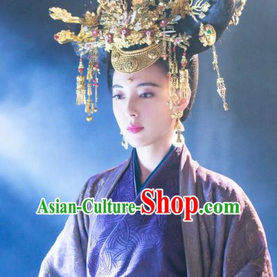 Chinese Ancient Han Dynasty Empress Lv Zhi Purple Dress Historical Drama Hero Dream Costume and Headpiece for Women